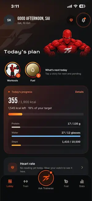 Trainerax app home screen: today's plan, calories, protein, water and steps