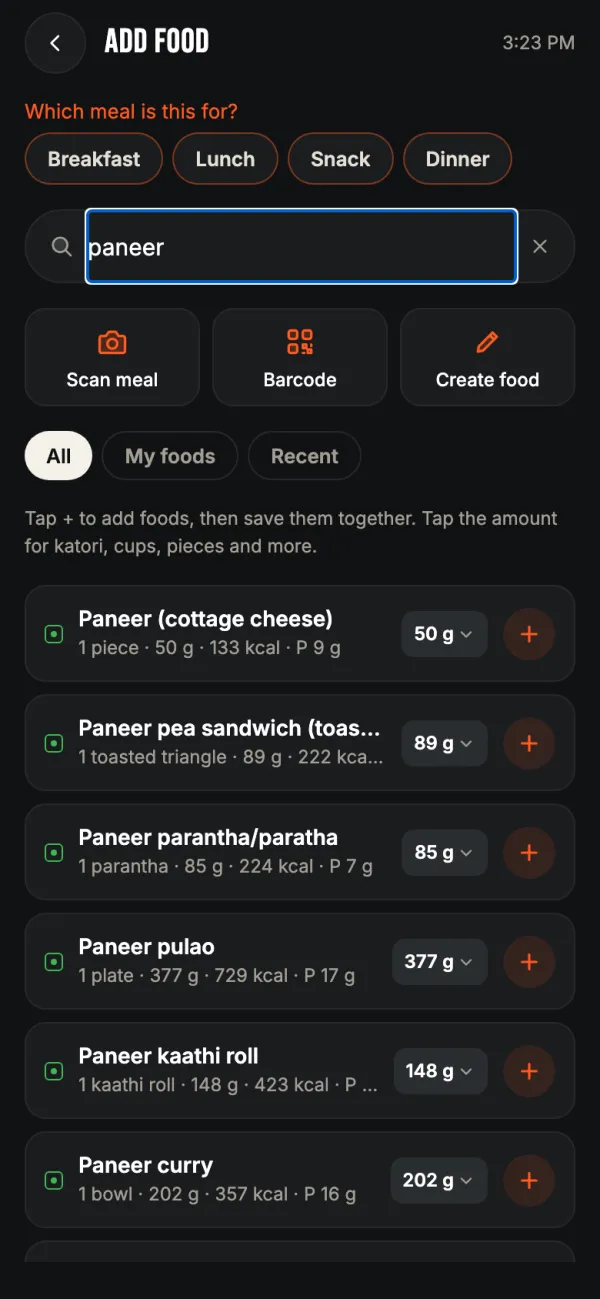 Adding paneer dishes to lunch with search, scan meal and barcode buttons